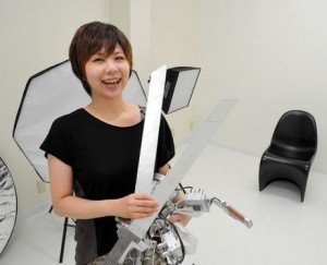 Marika Oyama shows her self-made props for cosplay photo shoots at her Studio Angle in the Marunouchi area of Okayama's Kita Ward.